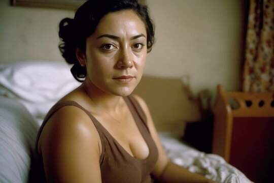 1960s Vintage Image Of A Mid Aged Hispanic Woman Sitting At Her Bedroom Bed Looking At The Camera. Generative AI