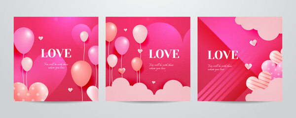 Set of red, pink and white flying hearts greeting card background. Vector illustration. Paper cut decorations realistic illustration for Valentine's day border or frame design