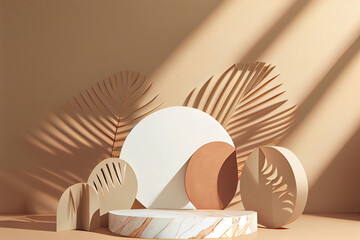 beige brown podium white marble stage palm leaf shadow with beige background botanical pedestal or podium display, empty stand for product showcase,3D illustration generative AI
