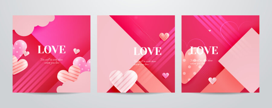 Set of red, pink and white flying hearts greeting card background. Vector illustration. Paper cut decorations realistic illustration for Valentine's day border or frame design