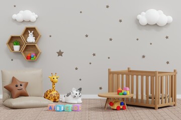 Baby kid room wall decoration, doll and toy, nursery children room, 3D rendering. - 567246946