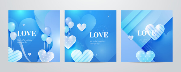 Set of universal love blue greeting card design template background. Realistic love heart square poster template. Vector illustration
