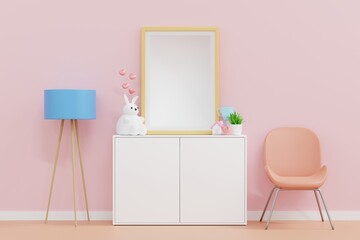 Empty frame mockup in baby kid room with doll and toy, nursery children room, 3D rendering.