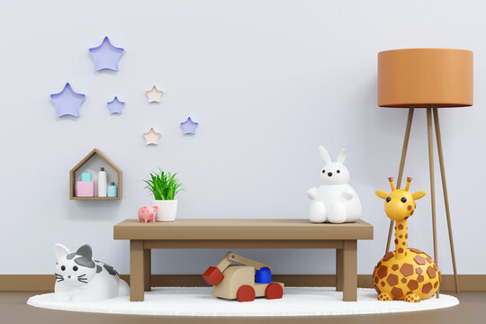Baby kid room wall decoration, cute doll and toy, nursery children's room, 3D rendering.