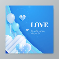 Valentines day concept with love heart balloon on blue background. Universal love background for square greeting card