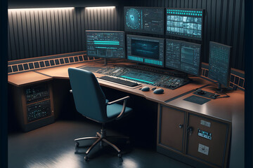 Television Control Room, Public-Relations Production Studio, modern broadcasting equipment, professional journalism workstation, generative ai