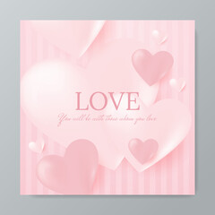 Valentine's day concept background. Vector illustration. 3d red and pink paper hearts with white square frame. Cute love sale banner or greeting card