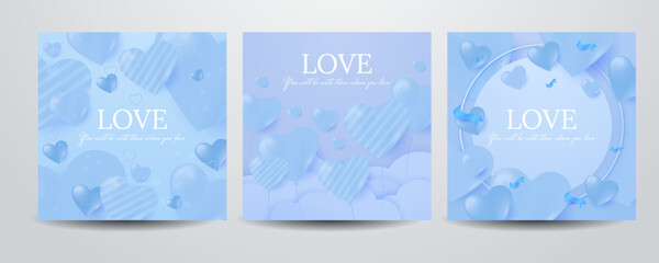 Valentine day square poster set. Vector illustration. Paper hearts, clouds, flying hot air balloon, blue romantic background. Cute love sale banner, voucher template, greeting card. Place for text.