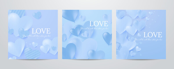 Valentine day square poster set. Vector illustration. Paper hearts, clouds, flying hot air balloon, blue romantic background. Cute love sale banner, voucher template, greeting card. Place for text.