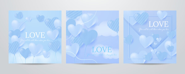 Valentine day square poster set. Vector illustration. Paper hearts, clouds, flying hot air balloon, blue romantic background. Cute love sale banner, voucher template, greeting card. Place for text.