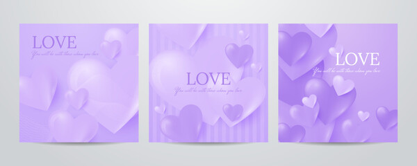 Set of valentine day background with various purple violet hearts love balloon. Flat lay style greeting composition.