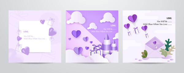 Happy Valentines Day cards, posters, covers set. Abstract minimal templates in modern geometric style with hearts pattern for celebration, decoration, branding, packaging, web and social media banners