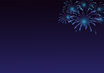 Blue fireworks with holiday celebration symbols on the right of the blue and black color background, empty space for display logo and content, creative design vector illustration.