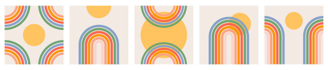 Trendy abstract set aesthetic backgrounds with sun and rainbow. Mid century wall decor in style 60s, 70s. Retro vector design for social media, blog post, template, interior design - obrazy, fototapety, plakaty