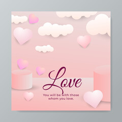 Happy Valentines Day square poster with love heart shapes balloon isolated on pink background. Vector Illustration