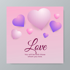 Happy Valentines Day square poster with love heart shapes balloon isolated on pink background. Vector Illustration