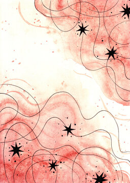 warm beige abstract watercolor background. starry sky. stars and lines on a watercolor gradient.