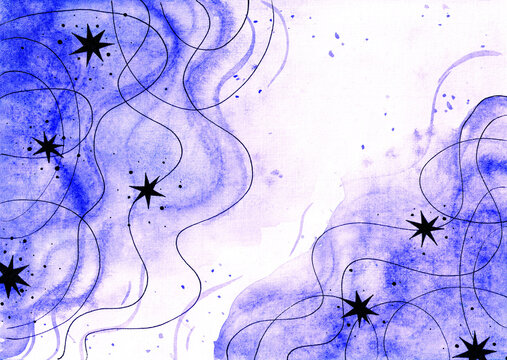 purple abstract watercolor background. starry sky. stars and lines on a watercolor gradient.