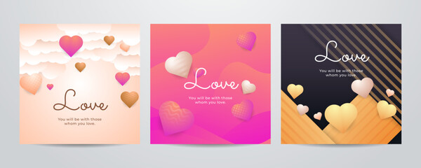Valentine day square poster template. Vector illustration. Paper hearts, clouds, flying hot air balloon in romantic background. Cute love sale banner, voucher template, greeting card. Place for text.
