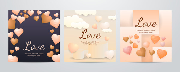 Valentine day square poster template. Vector illustration. Paper hearts, clouds, flying hot air balloon in romantic background. Cute love sale banner, voucher template, greeting card. Place for text.