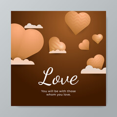 Valentines day square greeting card mockup and hearts on beige soft light brown paper background