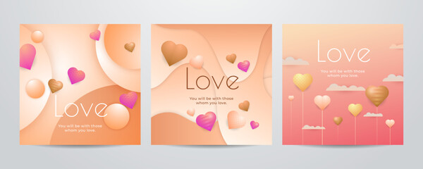 Fototapeta na wymiar Valentine day square poster template. Vector illustration. Paper hearts, clouds, flying hot air balloon in romantic background. Cute love sale banner, voucher template, greeting card. Place for text.
