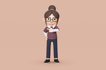girl character with glasses pointing 3d illustration