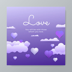 Happy valentine day background with various purple love hearts balloon. Flat lay style greeting composition.