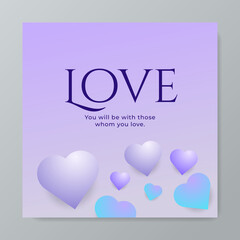 Happy valentine day background with various purple love hearts balloon. Flat lay style greeting composition.