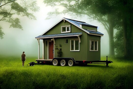 Tiny house in a green landscape, created with Generative AI technology