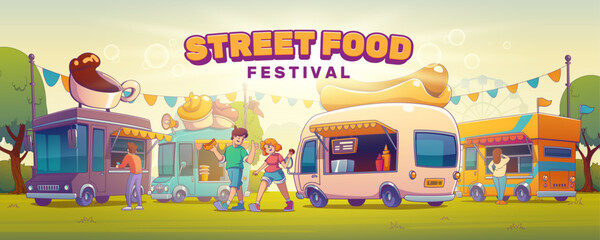 Street food festival poster with people on fair. Summer park landscape with food trucks and happy couple with ice cream and hot dog, vector banner in contemporary style