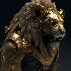 3D composite illustration of Stylized Biomechanical Lion. 3D rendering. Semi Neural Network Generated. Art
