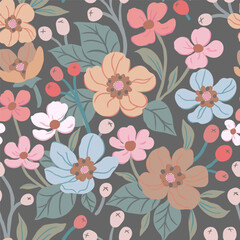 Floral patterns of blue and beige, brown and pink flowers and berries on a light brown background. Cute floral aesthetic composition for wallpaper, print, poster, postcard.