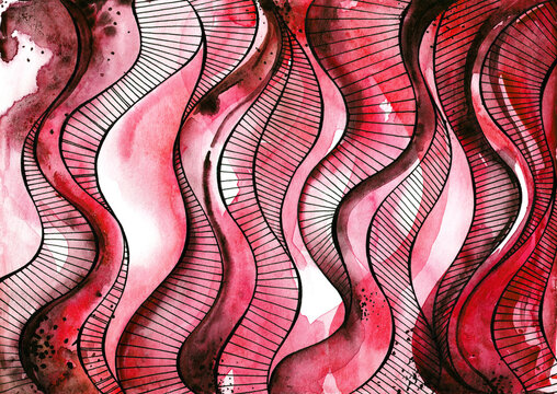 abstract watercolor background. watercolor stains and lineart. Viva Magenta