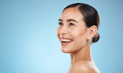 Happy woman, beauty and isolated on studio background for skincare, cosmetics or makeup with mockup...