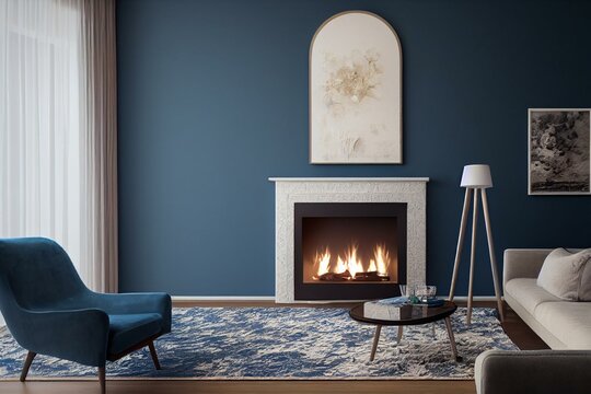 Welcoming Living Room With A Blue Accent Wall, White Faux Fur Pillows And A Modern Fireplace. Generative AI