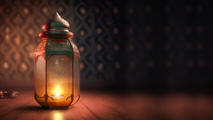3D Render of Illuminated Arabic Lantern On Wooden Texture And Islamic Pattern Background. Islamic Religious Concept.