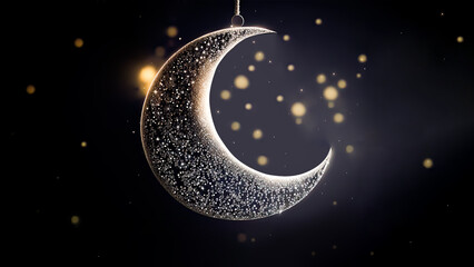 Obraz na płótnie Canvas 3D Render of Exquisite Crescent Moon Hang On Lighting Bokeh Background. Islamic Religious Concept.