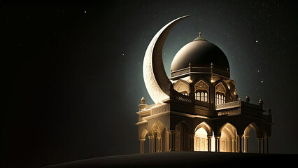 3D Render of Exquisite Mosque And Crescent Moon At Night. Islamic Religious Concept.