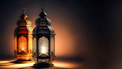 Realistic Illuminated Arabic Lanterns On Dark Background. Islamic Religious Concept. 3D Render.