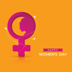 Happy Women's Day Concept With Paper Cut Venus Symbol, Female Face, Flying Butterflies On Orange Background.