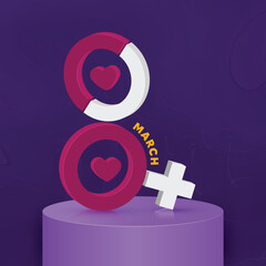 3D Render, March of Text 8 With Venus Symbol On Purple Podium For Happy Women's Day Concept.