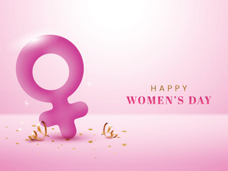 Happy Women's Day Concept With 3D Render of Pink Venus Symbol, Golden Curl Ribbons On Glowing Background.