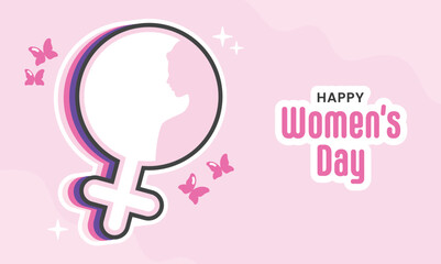 Sticker Style Happy Women's Day Text With Venus Symbol, Butterflies On Pink Background.