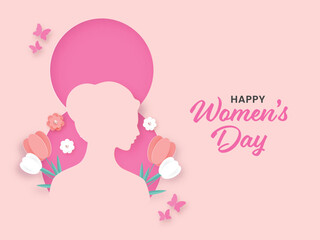 Happy Women's Day Concept With Paper Cut Female Face On Floral Decorated Eight Number Background.