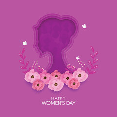 Happy Women's Day Concept With Layered Paper Female Face Decorated Floral, Butterflies On Purple Background.