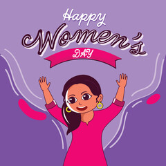 Happy Women's Day Concept With Cheerful Young Girl Character Raising Hands Up On Purple Background.