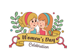 Women's Day Celebration Concept With Modern Cute Girls Character, Venus Symbols, Leaves On White Background.