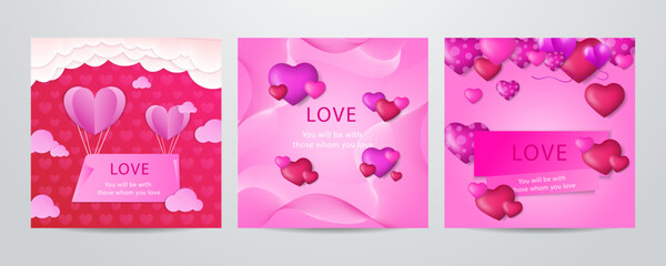 Fototapeta na wymiar Valentines day concept square greeting card in paper cut realistic style