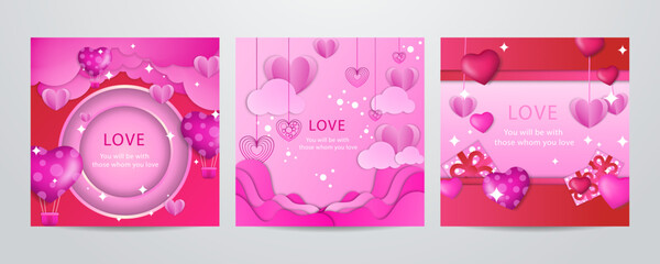 Valentines day concept square greeting card in paper cut realistic style